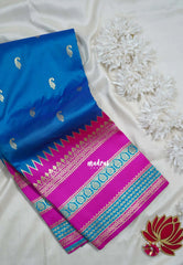 Dual Shade Ananda Blue - Durga - Traditional Banarasi Semi Soft Silk Saree with Big Border and Buttas - Best for Festive Wear