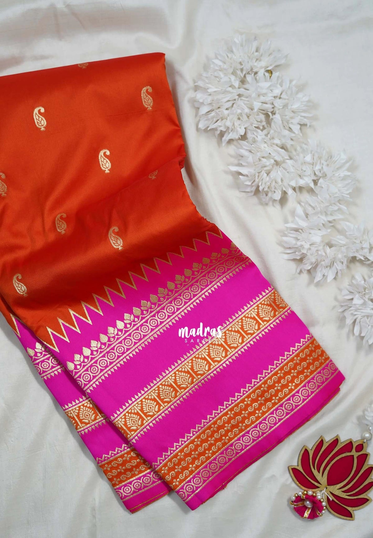 Sunset Orange - Durga - Traditional Banarasi Semi Soft Silk Saree with Big Border and Buttas - Best for Festive Wear