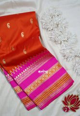 Sunset Orange - Durga - Traditional Banarasi Semi Soft Silk Saree with Big Border and Buttas - Best for Festive Wear