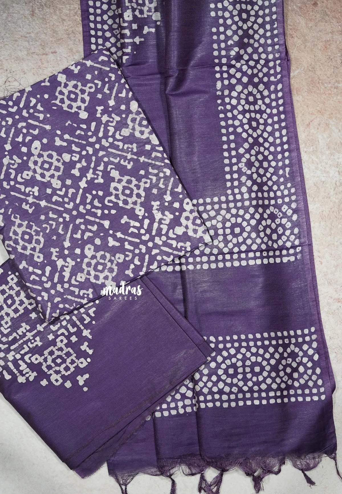 Purple - South cotton silk 3 piece batik tussar salwar suit