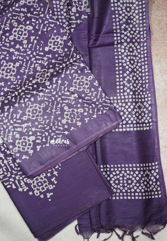 Purple - South cotton silk 3 piece batik tussar salwar suit
