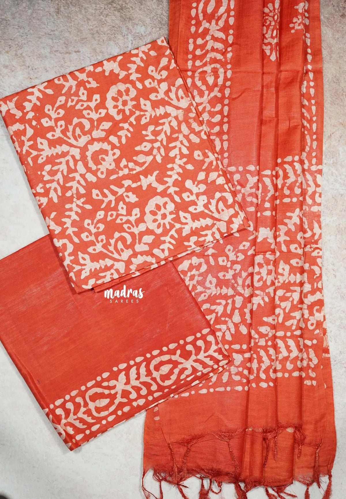 Orange - South cotton silk 3 piece batik tussar salwar suit