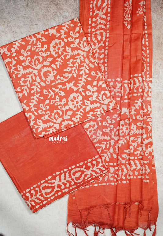 Orange - South cotton silk 3 piece batik tussar salwar suit