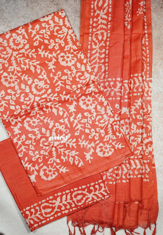 Orange - South cotton silk 3 piece batik tussar salwar suit