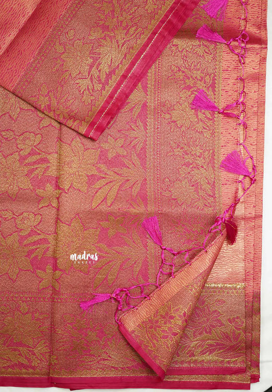 Bavanchi - Fusion of Banaras and Kanchi  Wavy body design with floral weaving border - Rani pink