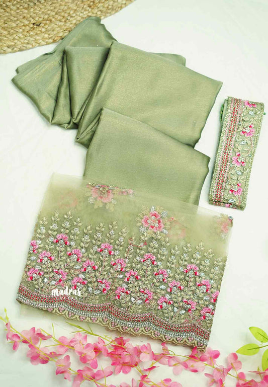 Marble chiffon saree with organza work blouse and matching hip belt - Pastel Green