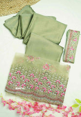 Marble chiffon saree with organza work blouse and matching hip belt - Pastel Green