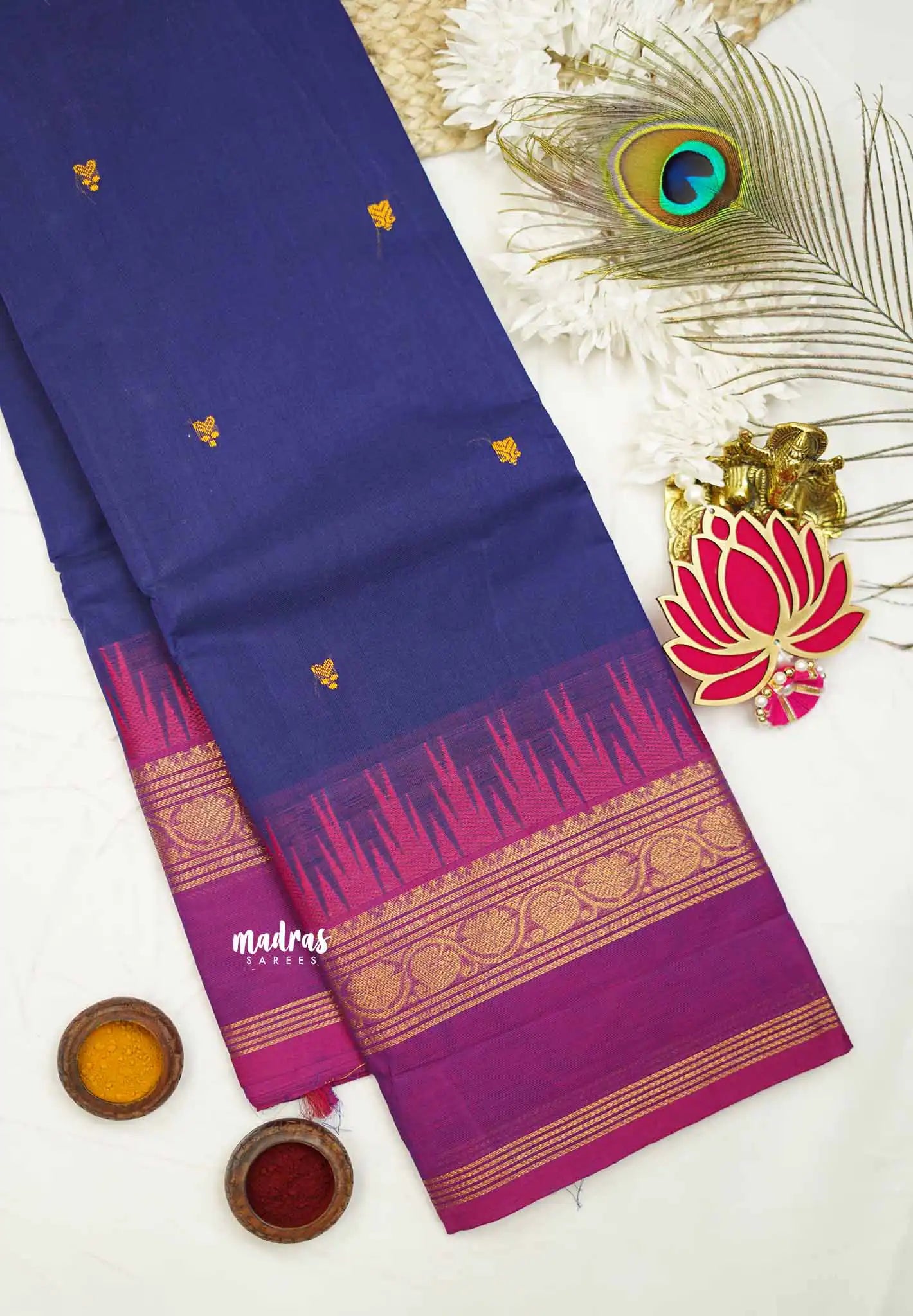 Karthigai silk cotton Big border with temple weaving - MS Blue - Madras Sarees 