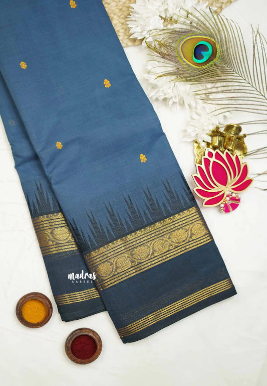 Karthigai silk cotton Big border with temple weaving - Greyish blue