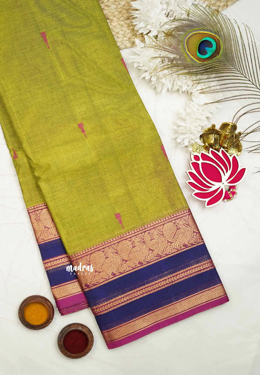 Karthigai silk cotton Triple border with annam  - Mehandi green