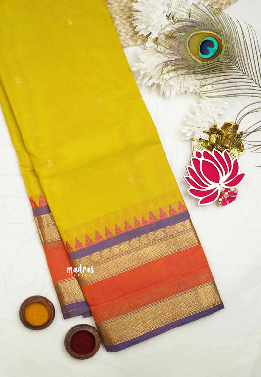 Karthigai silk cotton multi border with temple weaving  - Mild mehandi green