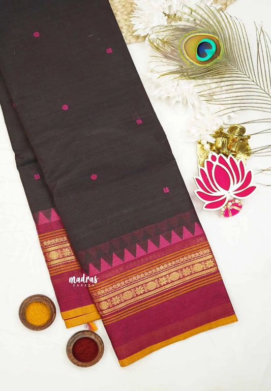 Karthigai silk cotton multi border with temple weaving  - Coffee brown