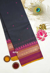 Karthigai silk cotton multi border with temple weaving  - Deep navy