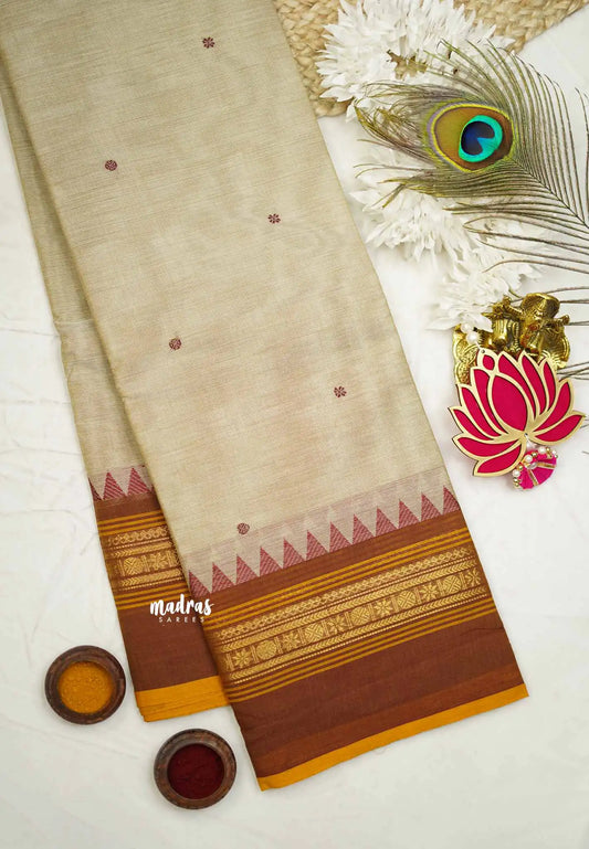 Karthigai silk cotton multi border with temple weaving  - Halfwhite