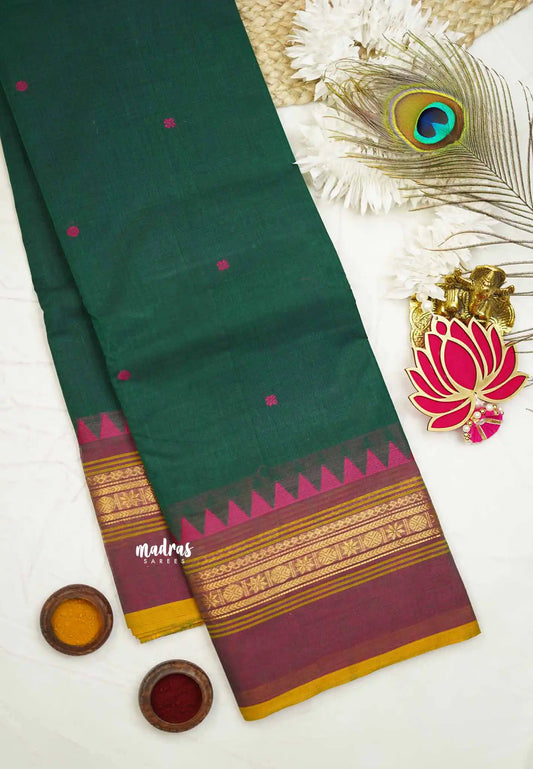 Karthigai silk cotton multi border with temple weaving - Bottle green