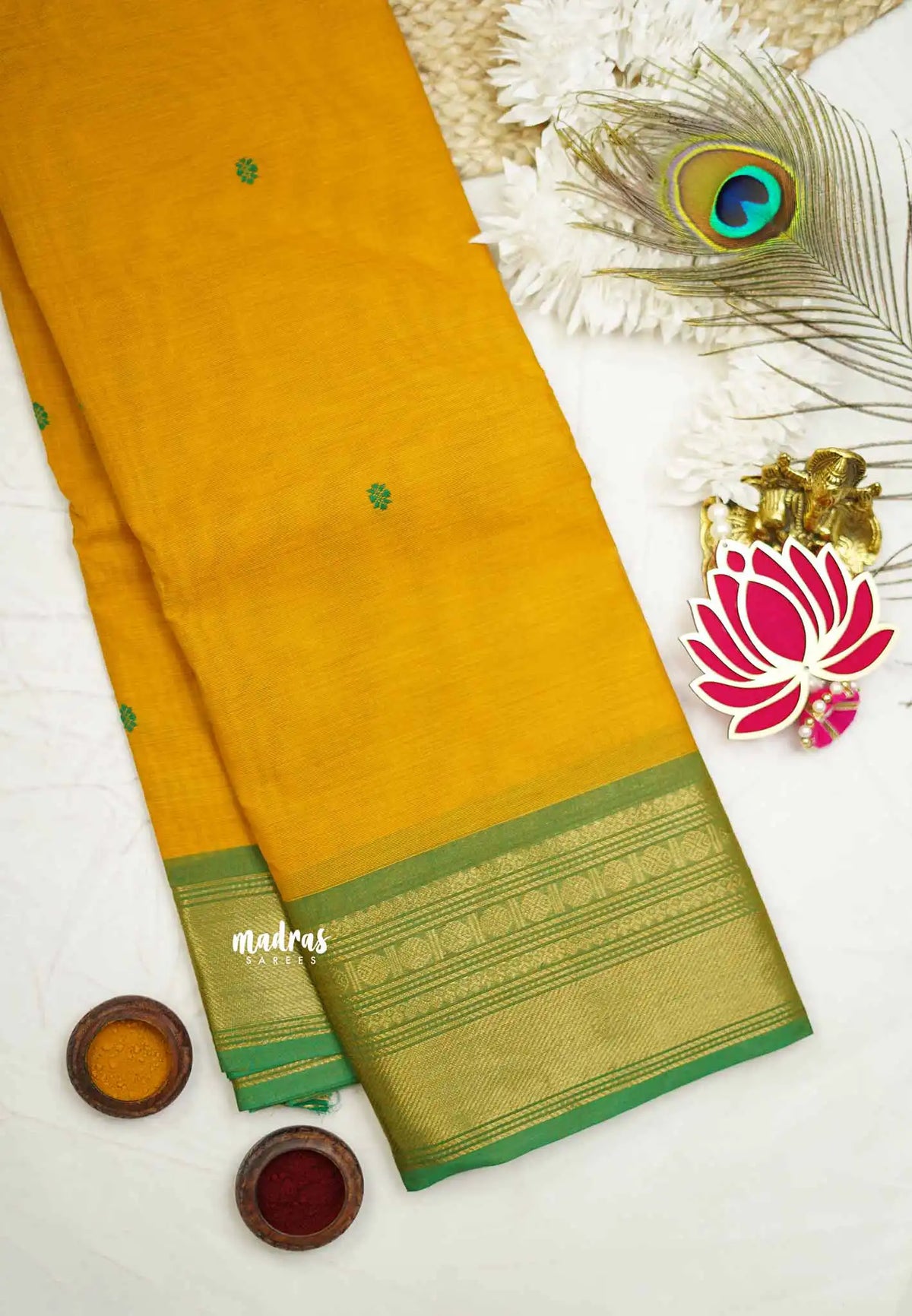 Karthigai silk cotton big border with rudraksham - Mustard yellow