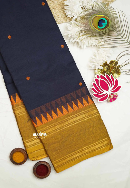 Karthigai silk cotton Rettapet border with temple weaving  - Deep Navy blue