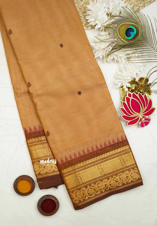 Karthigai silk cotton double border with temple weaving - Wheat brown