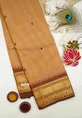 Karthigai silk cotton double border with temple weaving - Wheat brown