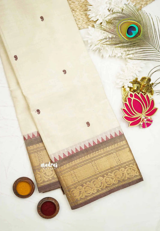 Karthigai silk cotton double border with temple weaving - Half white