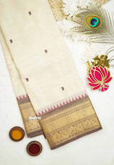 Karthigai silk cotton double border with temple weaving - Half white