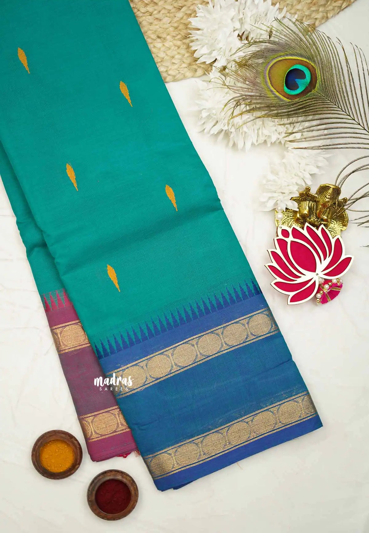 Karthigai silk cotton Rudhraksham Ganga Jamuna border - Aqua green