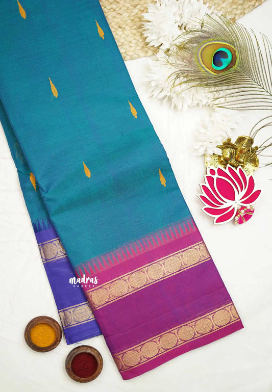 Karthigai silk cotton Rudhraksham Ganga Jamuna border - Ananda blue