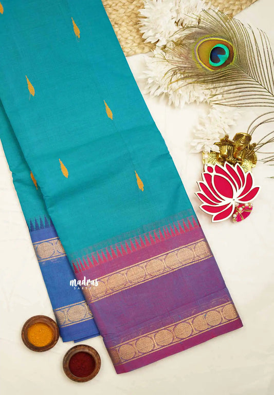 Karthigai silk cotton Rudhraksham Ganga Jamuna border - Aqua blue - Madras Sarees 