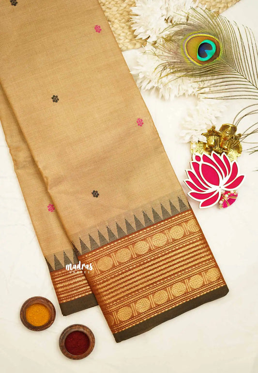 Karthigai silk cotton Rudhraksham Multi border - Wheat brown