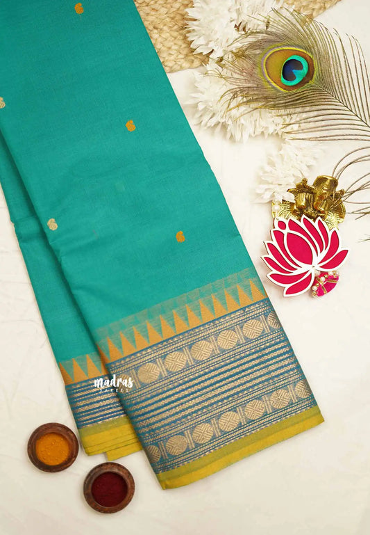 Karthigai silk cotton Rudhraksham Multi border - Teal Green