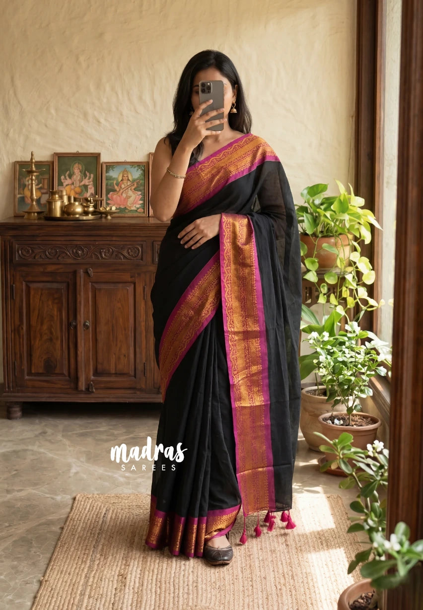 Midnight Black - Soft Mul cotton Plain Body with Traditional Border - Perfect for Office Wear | summer wear | Casual wear