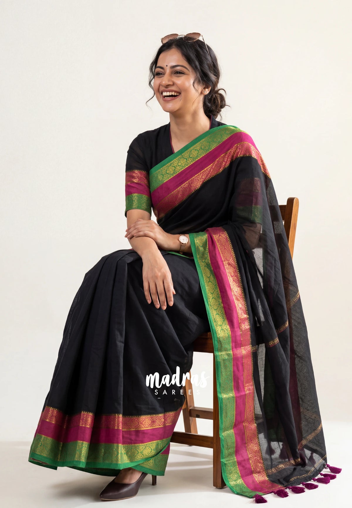 Jet Black - Soft Mul cotton Plain Body with Traditional Border - Perfect for Office Wear | summer wear | Casual wear