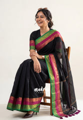 Jet Black - Soft Mul cotton Plain Body with Traditional Border - Perfect for Office Wear | summer wear | Casual wear