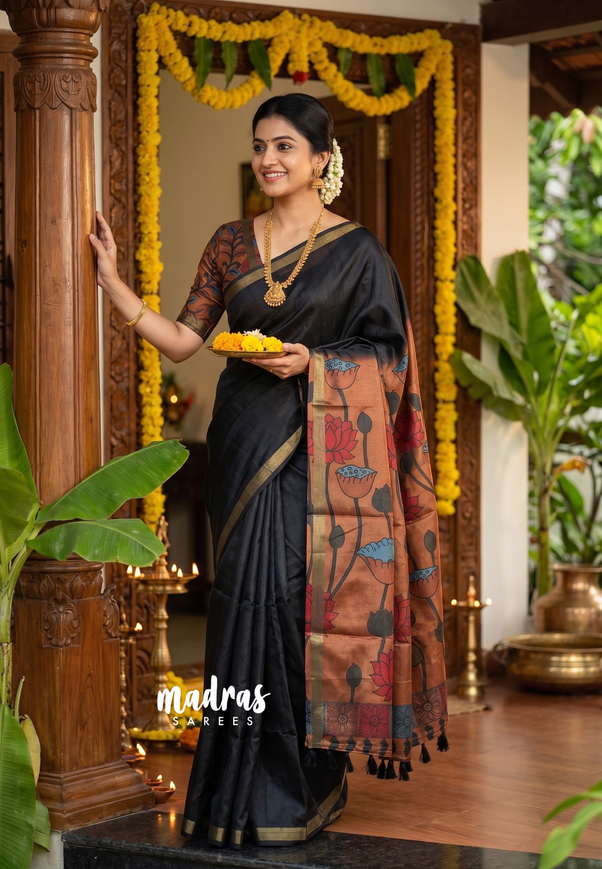 Nightfall Black - Ananya - Soft Mangalore Silk Plain Saree with Kalamkari Pallu and Blouse - Best for Casual Gatherings
