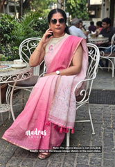 Blush Pink Ombre with Ivory Base - Linen Cotton Saree with Gradient Ombre tone and Floral Digital Prints - Perfect for Office Wear | Summer wear | Casual Wear