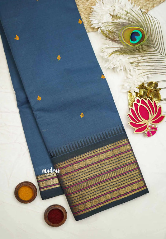 Karthigai silk cotton Rudhraksham Multi border - Greyish blue