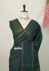 Bottle Green - Subbulakshmi - Sungudi 100 Count Saree zari Checks with Rettapetta Rudraksham Border with Blouse Combo - Best for Casual Wear | Summer Wear | School | College | Office wear