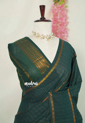 Bottle Green - Subbulakshmi - Sungudi 100 Count Saree zari Checks with Rettapetta Rudraksham Border with Blouse Combo - Best for Casual Wear | Summer Wear | School | College | Office wear