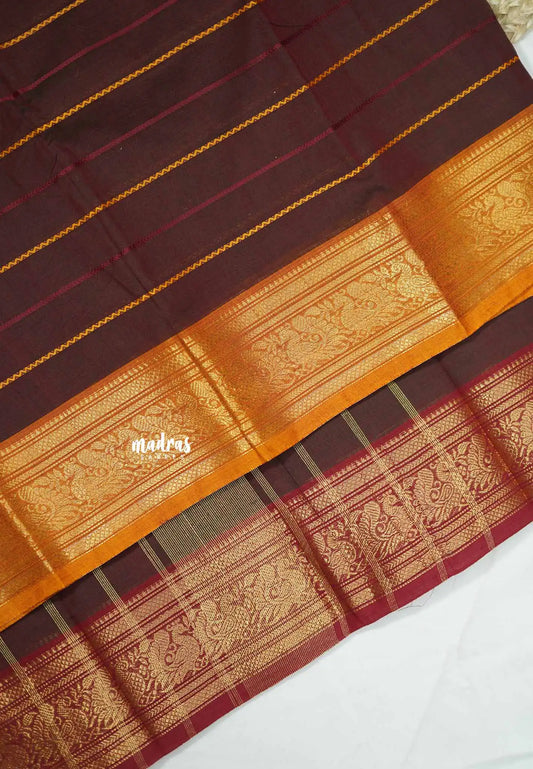 Fusion chettinad cotton Horizontal lines with Ganga Jamuna Border - Brown