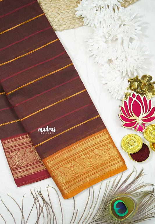 Fusion chettinad cotton Horizontal lines with Ganga Jamuna Border - Brown