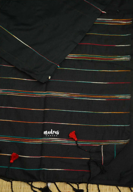 Anvi - Budget Khadi cotton with knitted weaving stripes - Black