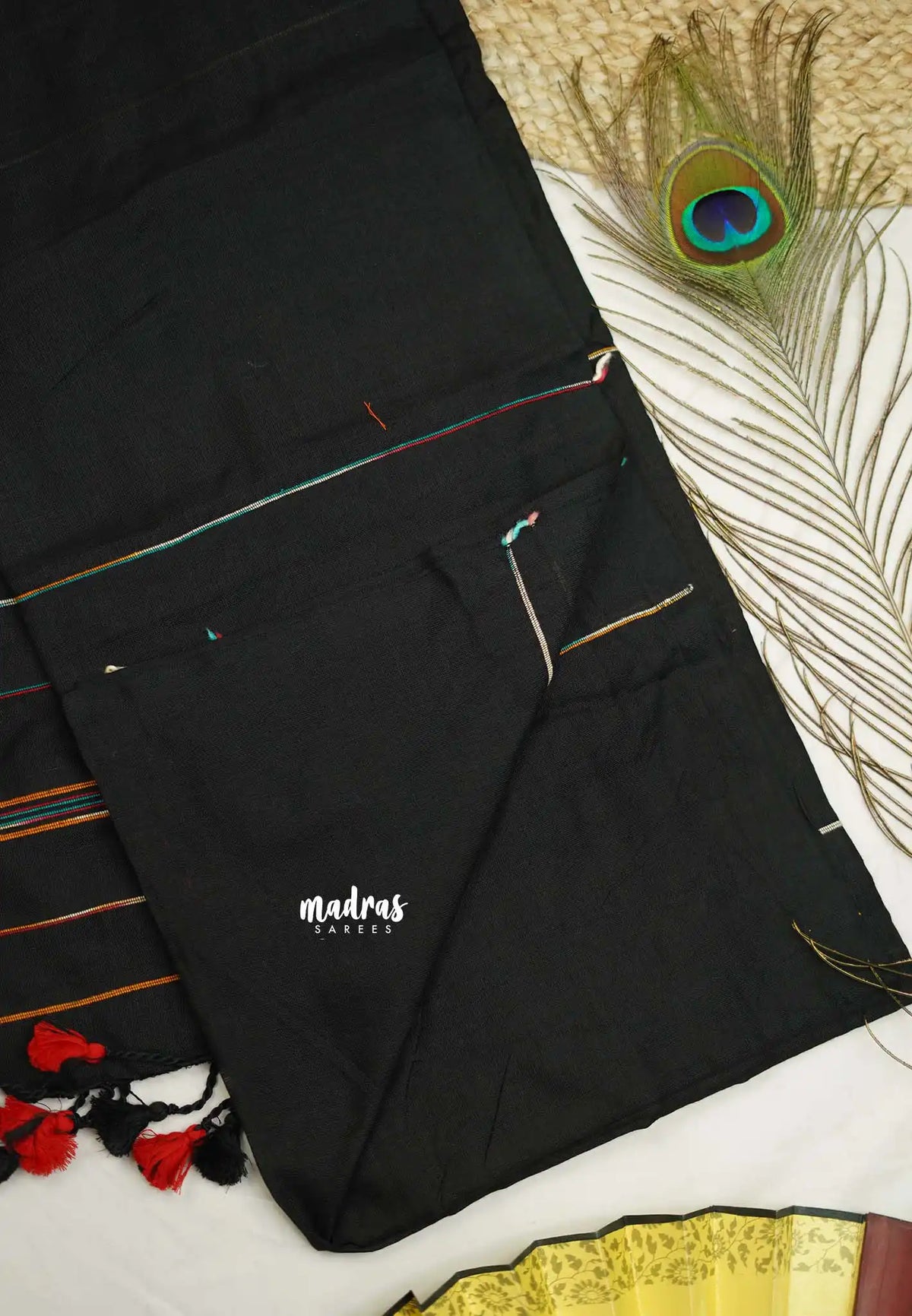 Anvi - Budget Khadi cotton with knitted weaving stripes - Black