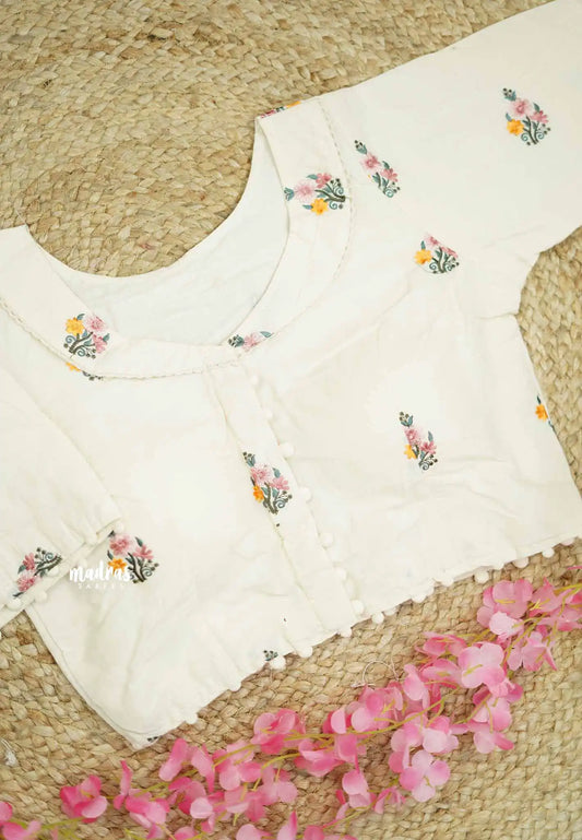 Camric cotton Creamy white embroidery work Readymade blouse Design 11