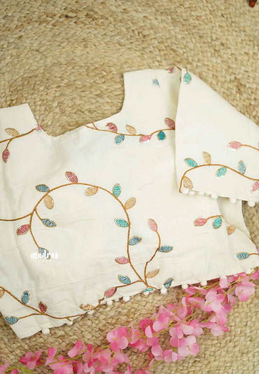 Camric cotton Creamy white Full embroidery work Readymade blouse Design 9