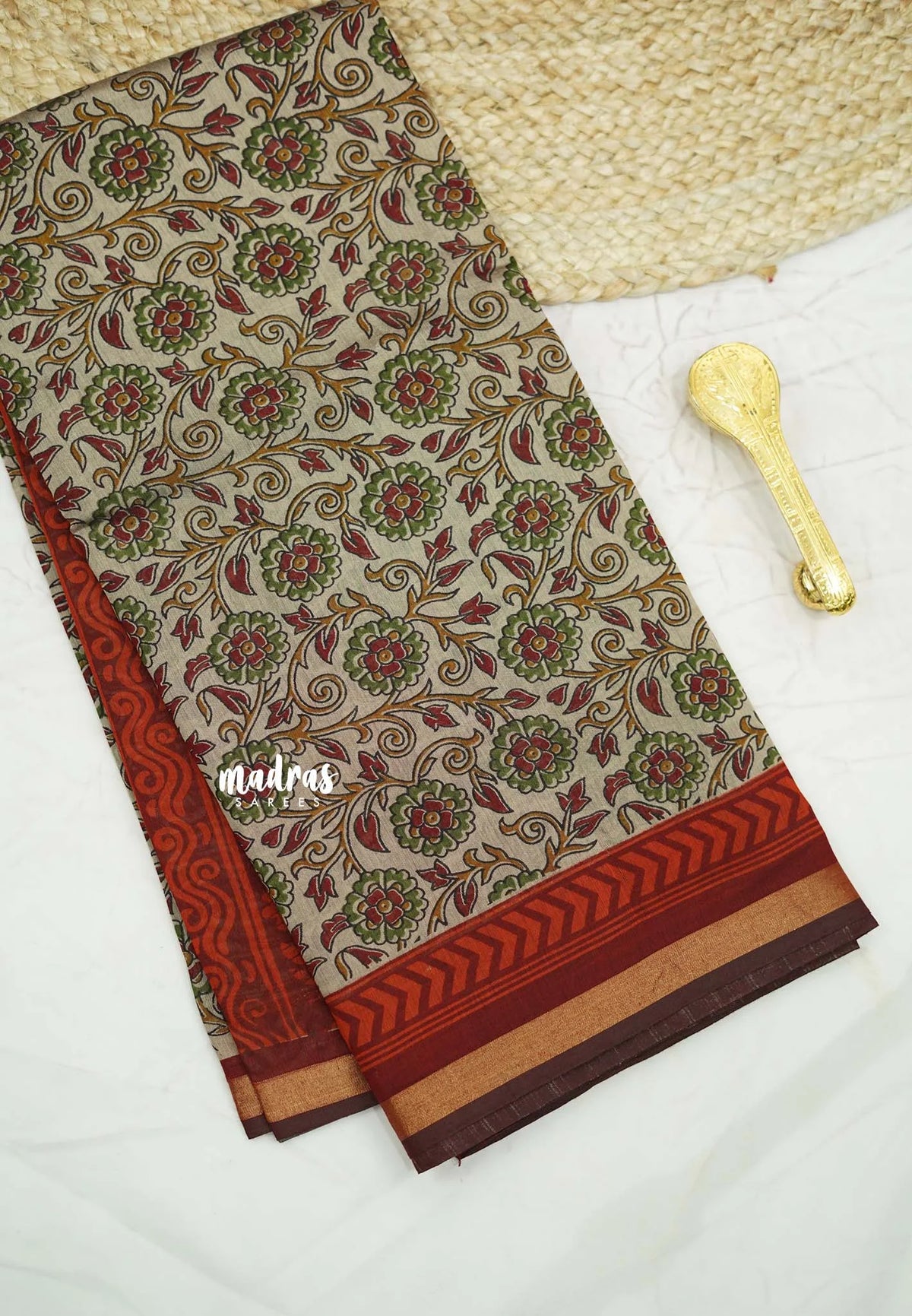 Kalanjali chanderi silk cotton kalamkari beige floral prints - Green flower