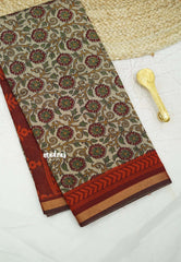 Kalanjali chanderi silk cotton kalamkari beige floral prints - Red flower