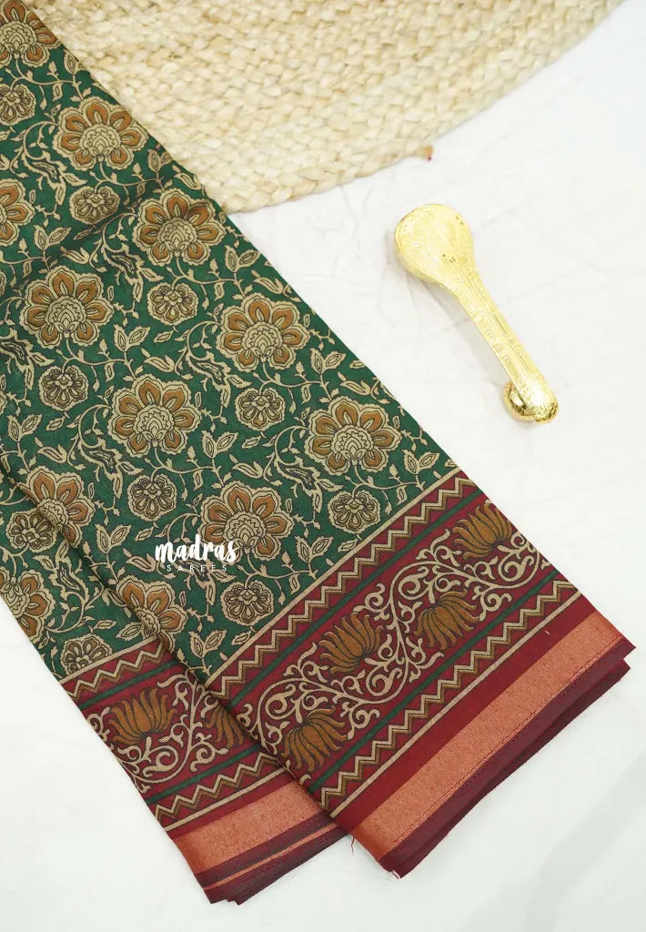 Kalanjali chanderi silk cotton kalamkari floral prints - Green