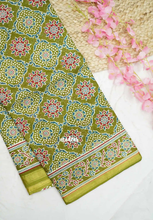 Isha - chanderi cotton with Ajrakh prints and tissue border - Sap green