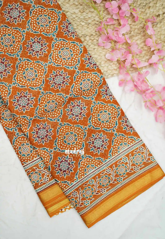 Isha - chanderi cotton with Ajrakh prints and tissue border - Mustard brown