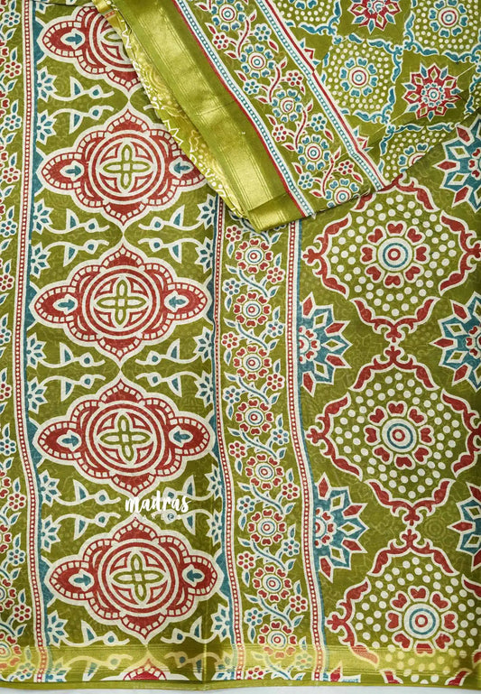 Isha - chanderi cotton with Ajrakh prints and tissue border - Sap green